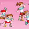 Cheerful girl Jocelyn, in colorful mismatched socks and a red-and-white outfit, strikes playful poses with many expressions—perfect for Schiffer Publishing's "Jocelyn's Box of Socks," a fun children's guide to emotions on a pink background.