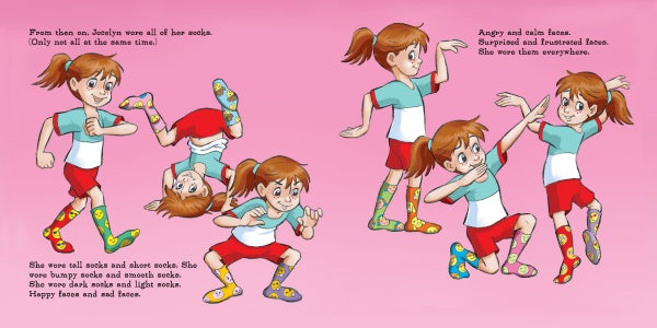 Cheerful girl Jocelyn, in colorful mismatched socks and a red-and-white outfit, strikes playful poses with many expressions—perfect for Schiffer Publishing's "Jocelyn's Box of Socks," a fun children's guide to emotions on a pink background.