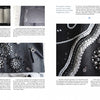Two pages from "Sculptural Secrets for Mosaics" by Schiffer Publishing, Ltd. show detailed steps for hand-embellishing black fabric with silver and crystal beads, sequins, and stones, plus close-ups of the intricate beadwork and tools used.