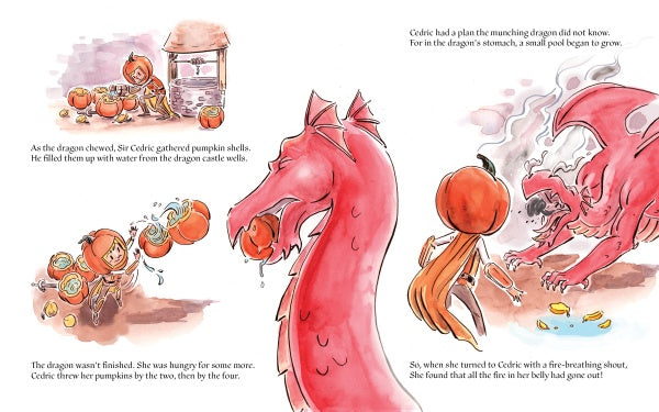 Inspired by "The Bravest Knight Who Ever Lived" (Schiffer Publishing, Ltd.), this illustration shows a knight feeding pumpkin shells to a red dragon as its belly expands—gold coins scattered around evoke an LGBTQIA+ fairytale adventure.