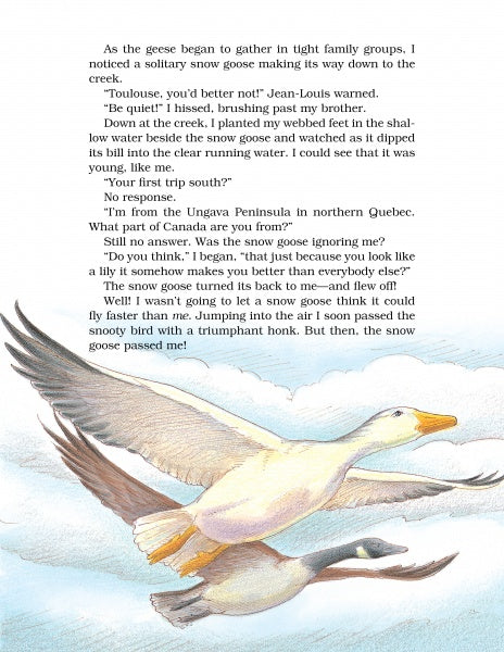 An illustration of a snow goose with outstretched wings soars against a soft blue sky on the cover of Toulouse by Schiffer Publishing, Ltd., evoking the gentle storytelling style of Priscilla Cummings' Chadwick series.