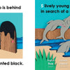 Left: A hedgehog peeks by a black door. Right: Five dolphins jump from blue water near a fence, with 'five' in four languages—ideal for teaching numbers and colors in Schiffer Publishing, Ltd.'s "Guess Who Is behind the Door.