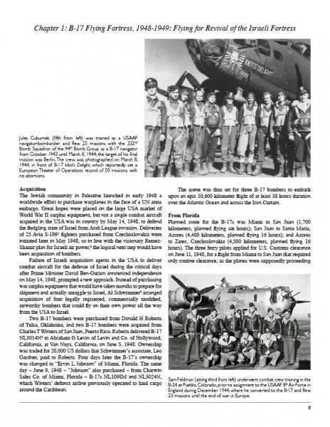 A group in uniform poses before a B-17 Flying Fortress, with smaller images of B-17s in flight and crews. The page details Israeli Air Force 69 Squadron operations. Product: Hammers by Schiffer Publishing, Ltd.