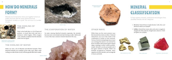 An open spread of "The 50 State Gems and Minerals" by Schiffer Publishing, Ltd. guides kids on mineral formation and classification with text, diagrams, and photos of a mineral deposit in rock, a pink hexagonal mineral, gold nuggets, and green/red state minerals.