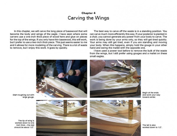 A page from "How to Carve Bellamy Eagles" by Schiffer Publishing, Ltd. features text and four photos showing hands carving a classic Bellamy-style wooden wing from basswood, detailing the step-by-step process.
