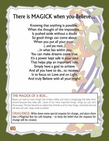 Everyday MAGICK for Children of Earth-Based Spiritual Families: A decorative page with a striped purple and white background, floral border, "There is MAGICK when you Believe..." poem on everyday magick, plus a MAGICK OF A BOX tip and a family activity book challenge.
