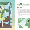 This page from "Goddesses from A to Z" by Schiffer Publishing, Ltd. features Artemis in a green tunic with a bow, standing by a deer in a forest, plus facts about her, a Greece map, and the letter A.