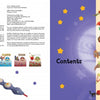 A two-page spread from Cardboard by Schiffer Publishing, Ltd.: Left page shows copyright info and toy images; right page features a contents list on purple with yellow stars, highlighting colorful, fun five-step toy projects for fine motor skills.