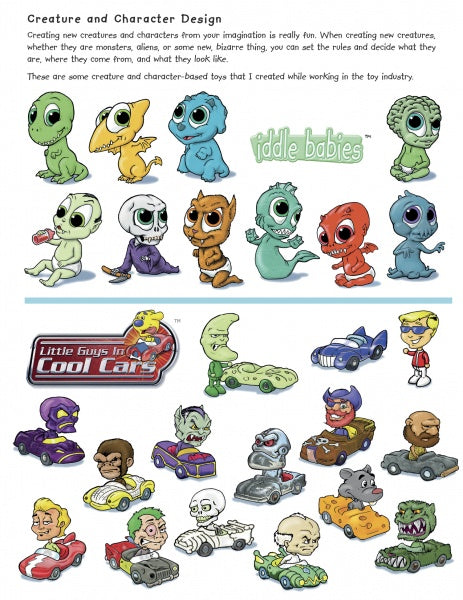 Creatures and Characters by Schiffer Publishing, Ltd. features colorful Iddle Babies and playful Little Guys in Cool Cars—ideal for children's art books or learning to draw creatures. Includes character design tips at the top.