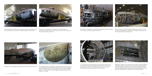 B-17 Flying Fortress, Vol. 1 by Schiffer Publishing, Ltd. features six photos documenting restoration stages of a vintage B-17 inside a hangar, with detailed captions highlighting fuselage, workers, and interior structures.
