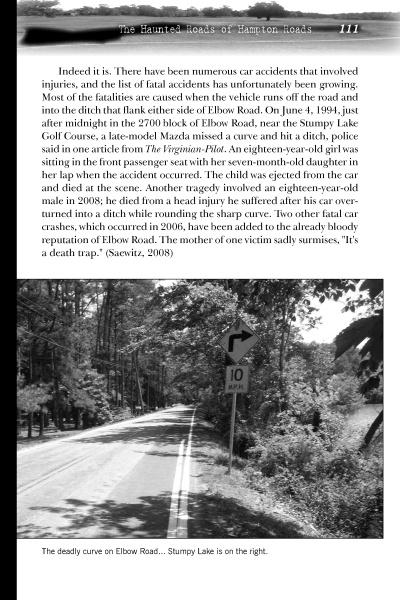 A black-and-white photo shows a winding, tree-lined road with a curve warning sign. Text above describes fatal crashes on haunted Elbow Road, featured in "Ghosts, Legends, and Lore of Hampton Roads" by Schiffer Publishing, Ltd.