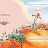 A vibrant illustration inspired by "The Bravest Knight Who Ever Lived" by Schiffer Publishing, Ltd. shows a boy on a wooden fence at a pumpkin farm with big pumpkins, a scarecrow, and a house under a blue-pink fairytale sky.
