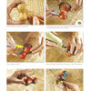 Step-by-step photo collage shows hands painting and decorating a small gourd—ideal for beginners—featured in "One Gourd at a Time" by Schiffer Publishing, Ltd., using pencil, paintbrush, drilling holes, and threading cord.