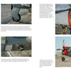 A two-page spread from Schiffer Publishing, Ltd.'s P-47 Thunderbolt shows close-ups and wide shots of this WWII aircraft’s landing gear, wheel, engine, and the full plane on a runway, each with detailed captions.