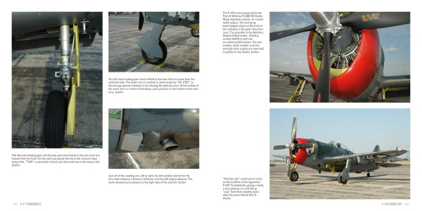 A two-page spread from Schiffer Publishing, Ltd.'s P-47 Thunderbolt shows close-ups and wide shots of this WWII aircraft’s landing gear, wheel, engine, and the full plane on a runway, each with detailed captions.