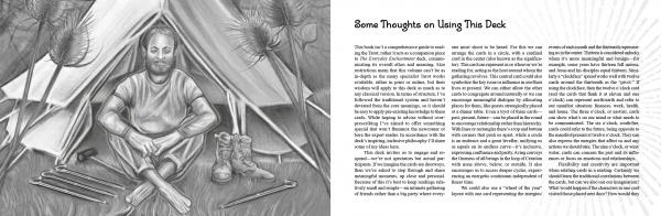 A black and white illustration of a bearded man sits cross-legged before a tent with camping gear, next to text titled “Some Thoughts on Using This Deck,” referencing The Everyday Enchantment Tarot by Schiffer Publishing, Ltd.