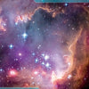 A vibrant space nebula with stars and glowing clouds. Text reads FIRST LIGHT TAROT by Schiffer Publishing, Ltd.—inspired by a 66-card Tarot set and divination system designed for children’s lessons.