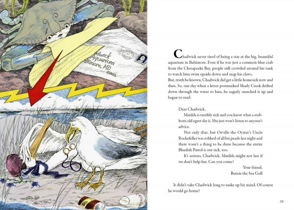 A Chadwick Treasury by Schiffer Publishing, Ltd. features an illustrated page with Chadwick the Crab writing a letter underwater, seagulls exploring a Chesapeake Bay beach, plus a story and letter from Bernie the Sea Gull.
