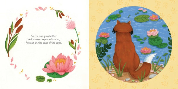 In "A Colorful Tail" by Schiffer Publishing, Ltd., a fox sits by a pond with water lilies, evoking a Giverny garden. Opposite is a summer quote, framed by cattails and pink flowers.