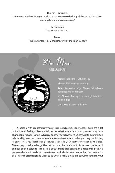 A page from Schiffer Publishing, Ltd.'s "A Guide to Tarot and Relationships" features The Moon card, its illustration, full moon insights, relationship advice, and notes on water signs, emotions, love, and self-exploration.