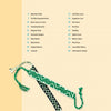 Two woven friendship bracelets with green, white, and black geometric patterns are displayed on light yellow beside Schiffer Publishing, Ltd.’s craft book "Knot Design"—a must-have for anyone interested in knot projects.