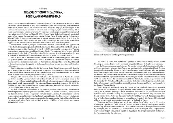 Two pages from "Monetary Men" by Schiffer Publishing, Ltd. show text and a black-and-white photo of horse-drawn wagons—German supply columns possibly tied to missing Nazi gold—traveling through the Norwegian mountains.