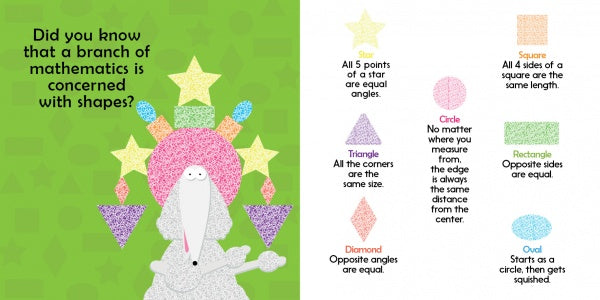 A cartoon sheep holds colorful shapes. Left: Did you know math studies shapes? Right: labeled drawings—star, triangle, diamond, circle, square, rectangle, and oval. Perfect for introducing math in "My New Haircut" by Schiffer Publishing, Ltd.