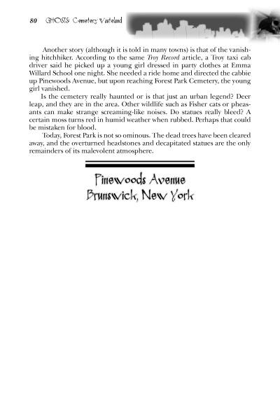 Empire State Ghosts by Schiffer Publishing, Ltd. features New York legends like a vanishing hitchhiker and haunted spots near Pinewoods Ave, Brunswick. The page has black text on white with a stylized heading.