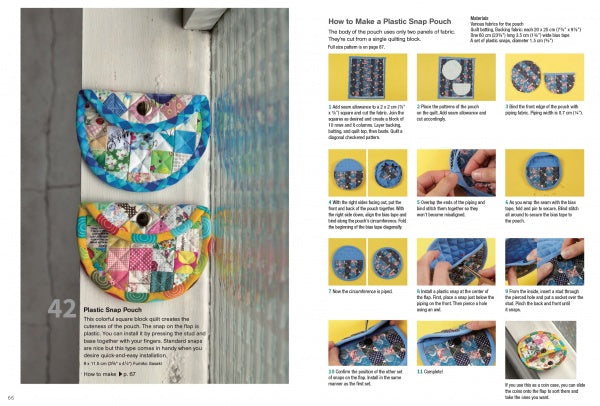 Three colorful patchwork pouches hang on a white wall. On the right, 50 Pouches from Schiffer Publishing, Ltd. offers step-by-step photo instructions—a perfect guide for creative pouch patterns and fabric scrap projects.