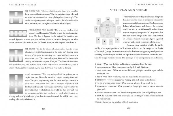 An open Da Vinci Enigma Tarot guidebook from Schiffer Publishing, Ltd. shows card diagrams and instructions: the left page explains “The Heart of the Soul” reading, the right describes the “Vitruvian Man Spread” using the Da Vinci Enigma Tarot deck.