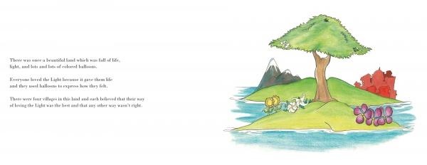 The Legend of Papa Balloon" by Schiffer Publishing, Ltd. features an illustrated island with a tree, colorful balloons, a lion, lamb, and grapes. A mountain and red castle appear behind them; text describes a land full of light, life, and balloons.