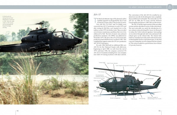 A spread from "The Bell AH-1 Cobra" by Schiffer Publishing, Ltd. features a photo of the helicopter flying low over greenery on the left, and a labeled side diagram with descriptions on the right page.