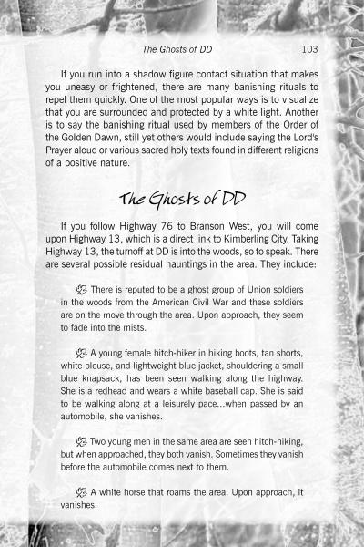 A page in Branson Hauntings by Schiffer Publishing, Ltd. details Highway 13’s haunted past—sharing legends of Union soldiers, a ghostly hitchhiker, strange animal apparitions, and a white horse told on Branson ghost tours.