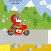 A cartoon dog rides a red motorcycle with a yellow number one in "Faster, Please!" by Schiffer Publishing, Ltd.—a perfect children's vehicle book with vibrant backgrounds of trees, mountains, and a blue sky with clouds.