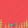 A small blue Baryonyx paper dinosaur from Dinosaurs by Schiffer Publishing, Ltd. stands before a much larger spinosaur’s outline on a red background with green plants, highlighting their size difference in an Origanimo-inspired scene.