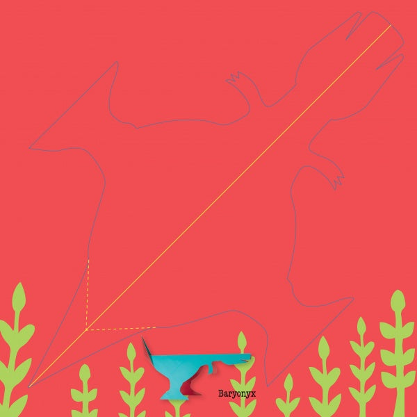A small blue Baryonyx paper dinosaur from Dinosaurs by Schiffer Publishing, Ltd. stands before a much larger spinosaur’s outline on a red background with green plants, highlighting their size difference in an Origanimo-inspired scene.
