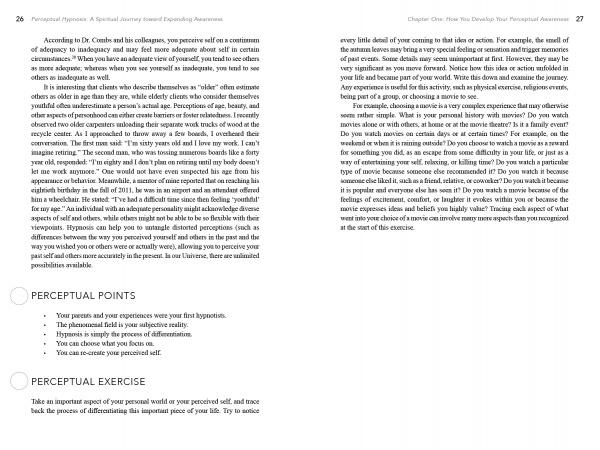 Perceptual Hypnosis by Schiffer Publishing, Ltd. features two pages on perception, self-awareness, and perceptual hypnosis, with bullet points and headings outlining steps for self-reflection and spiritual growth. Black text appears on a white background.