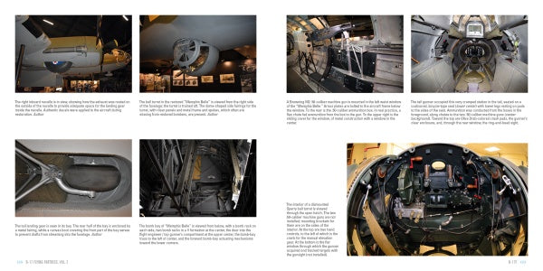 A two-page spread from "B-17 Flying Fortress, Vol. 2" by Schiffer Publishing, Ltd. showcases vintage aircraft interiors and mechanical parts, including the iconic B-17, with captions explaining each item's history and function.