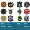 Schiffer Publishing, Ltd.’s United States Navy Helicopter Patches showcases vibrant patches in four rows, each with distinct animal and symbol designs above a blue band listing squadron names and codes—ideal for US Navy patch enthusiasts.