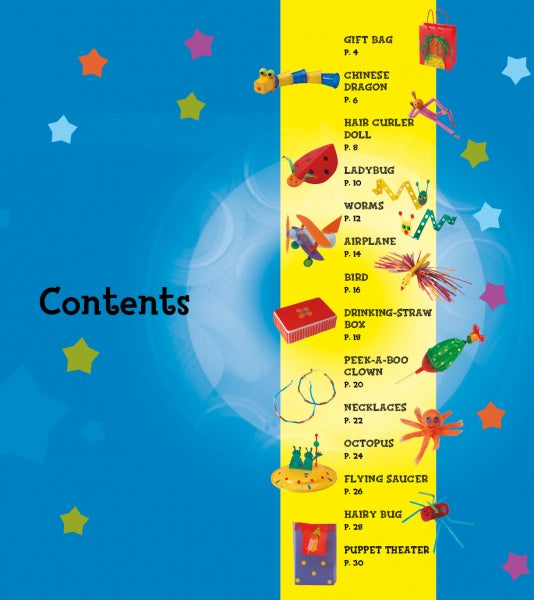 The Plastic table of contents by Schiffer Publishing, Ltd. features playful recycling craft illustrations—dragon, ladybug, airplane, octopus—with page numbers on a yellow bar against a blue starry background.