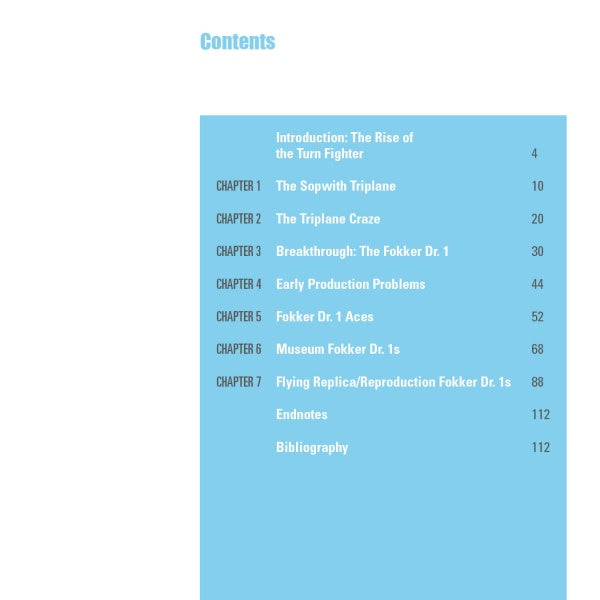 A table of contents with a light blue header lists sections on the Fokker Dr. 1 by Schiffer Publishing, Ltd., including chapters on aviation history, WWI German fighters, museum displays, and replicas, with page numbers shown.