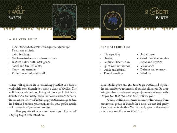 A two-page spread from The Wild Elemental Oracle by Schiffer Publishing, Ltd. displays Earth animal cards for Wolf and Bear, with attributes listed below each illustrated card and brief symbolism descriptions at the bottom.