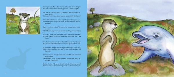 Two otters chat with a smiling dolphin by a pond, amid hills and a tree. The left page of "Rupert's Tales" by Schiffer Publishing, Ltd. features a rabbit, otters, and story text about compassion from children's adventure tales.