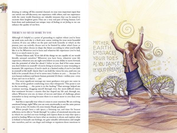 A barefoot woman with flowing hair dances on swirling ground before trees and a spiral sun. Text reads: “As You Feel, So You Heal—find self-acceptance through writing.” Schiffer Publishing, Ltd.