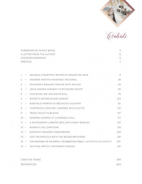 Table of contents page with chapter titles and page numbers. At the top right, a hexagonal photo displays a floral wedding scene. "Contents" is scripted, inspired by Kristy Rice from The Painter's Wedding by Schiffer Publishing, Ltd.