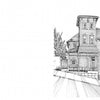 Black and white line drawing of a Victorian-style house with ornate windows and a tall tower on a sloped street—similar to images in "Victorian Buildings of the American West" by Schiffer Publishing, Ltd.