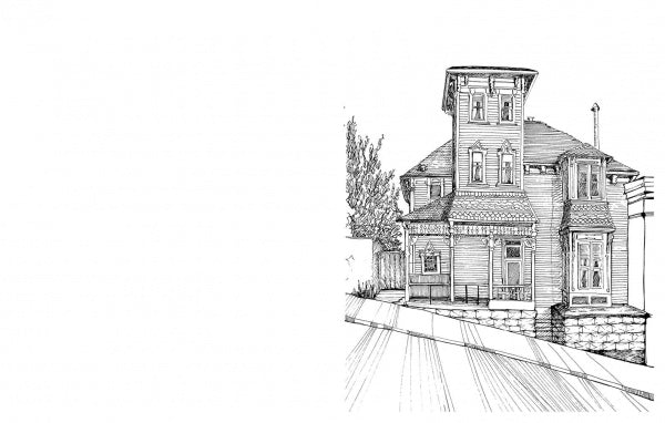 Black and white line drawing of a Victorian-style house with ornate windows and a tall tower on a sloped street—similar to images in "Victorian Buildings of the American West" by Schiffer Publishing, Ltd.