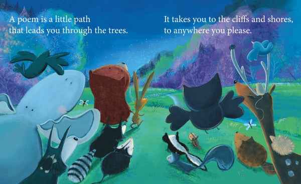 A Poem Is a Firefly by Schiffer Publishing, Ltd. features illustrated animals like a whale, raccoon, fox, and bird gazing at a green path with vibrant skies. Quote: “A poem is a little path that leads you through the trees...”—ideal for kids’ poetry.