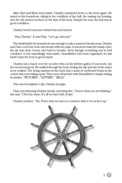 A page from "Grandfather's Secret" by Schiffer Publishing, Ltd. describes Charley visiting a Kent Island houseboat and recalling his grandfather, above a large black-and-white ship’s wheel illustration and page number 7.