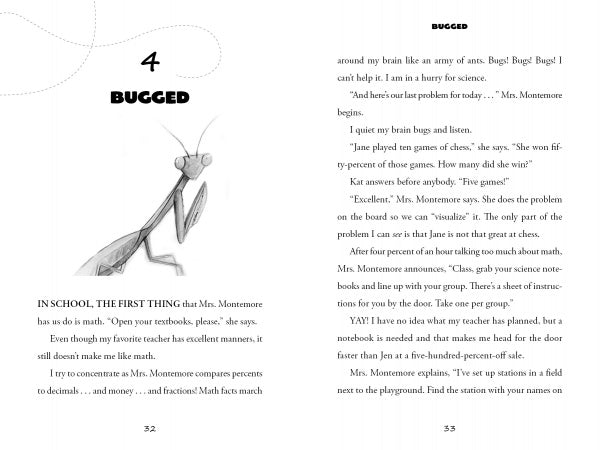 A book spread from "Something Is Bugging Samantha Hansen" by Schiffer Publishing, Ltd. shows chapter 4, BUGGED, with a praying mantis illustration and story text where Samantha and friends talk school life, bugs, and saving honey bees.